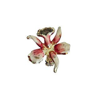 Vintage Lily Flower Brooch Pin 1.25"D Pink and Ivory Enameled Goldtone